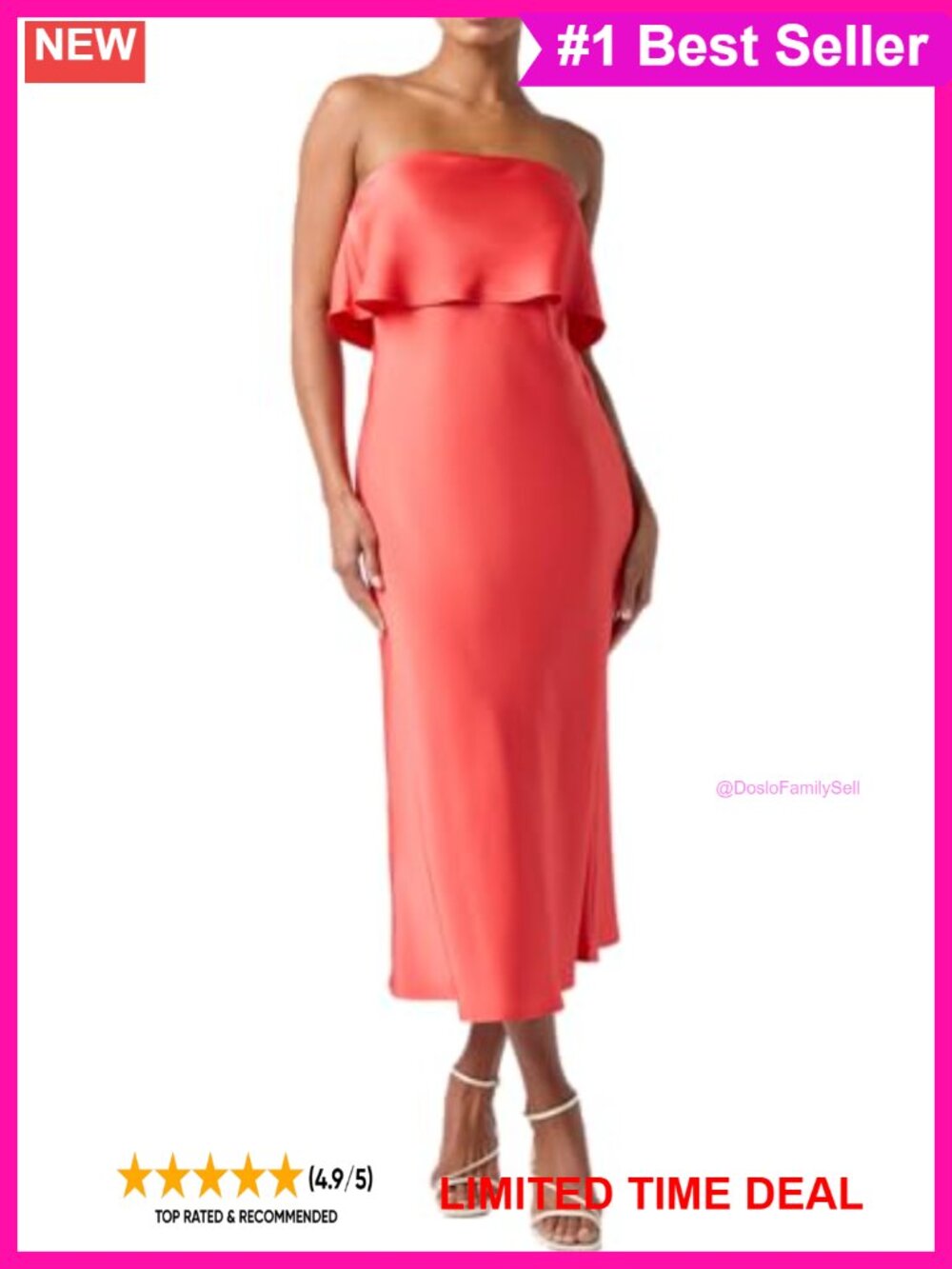 Strapless Column Midi Dress Satin Side Slit Cocktail Prom Formal